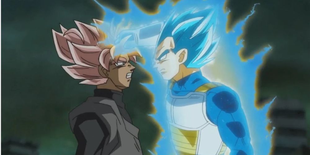 Vegeta gaining the upper hand against Goku Black in Dragon Ball Super.
