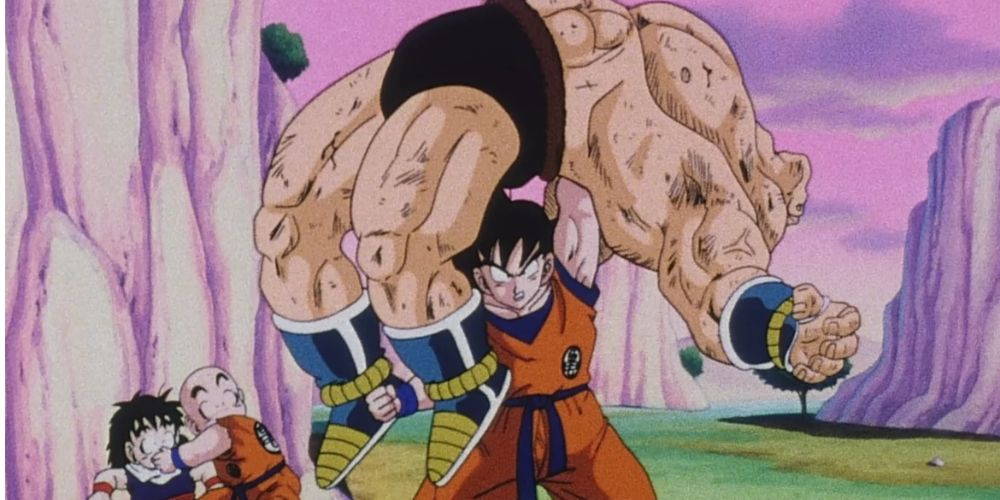 Goku holding Nappa's limp body during Dragon Ball Z.