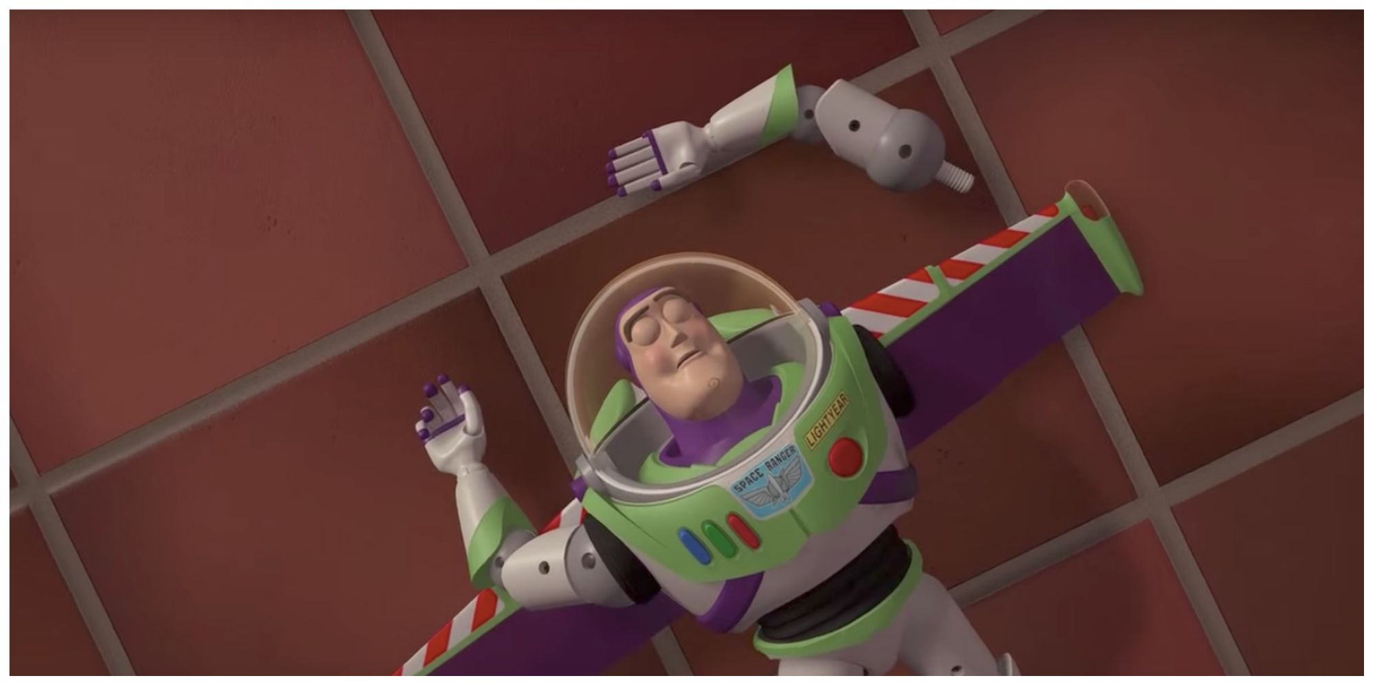 Buzz Lightyear loses his arm in Toy Story (1996).