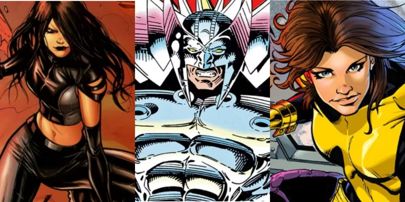A split image of Laura Kinney as Wolverine, the villain Stryfe, and Kitty Pryde.  