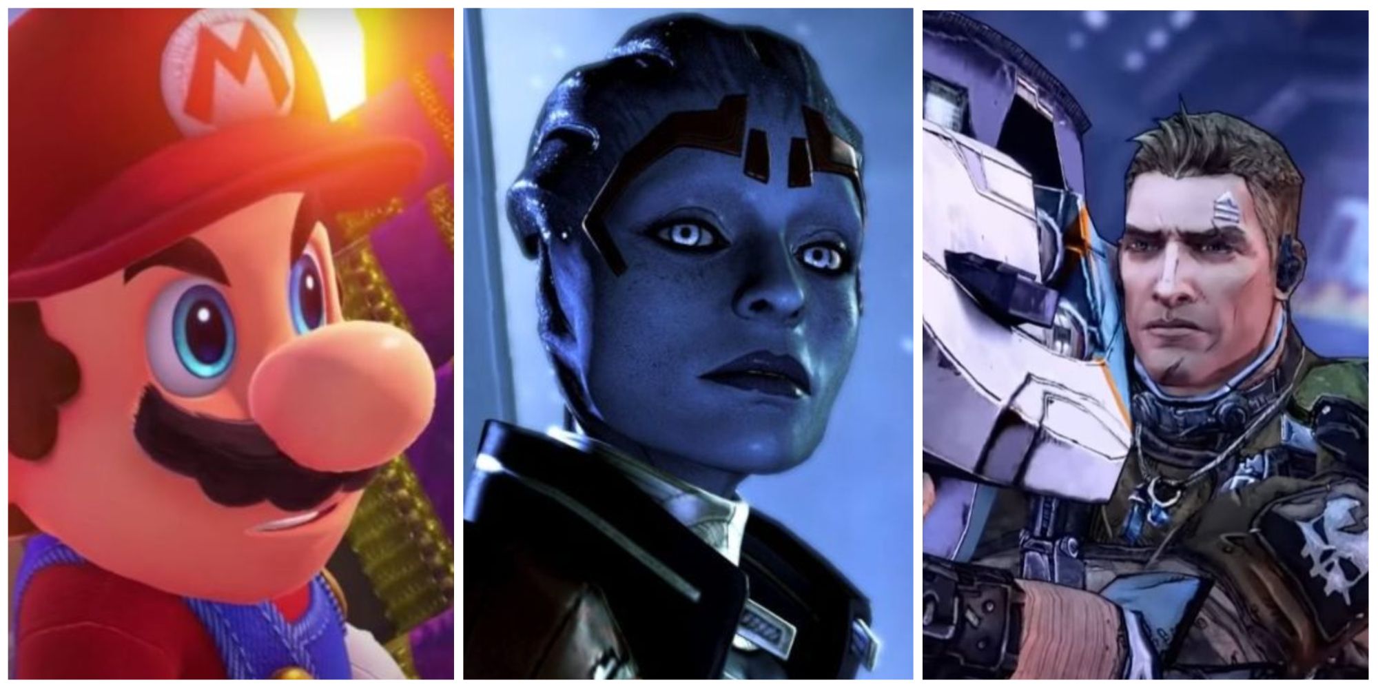 Images from the video games Mario, Mass Effect, and Borderlands 2