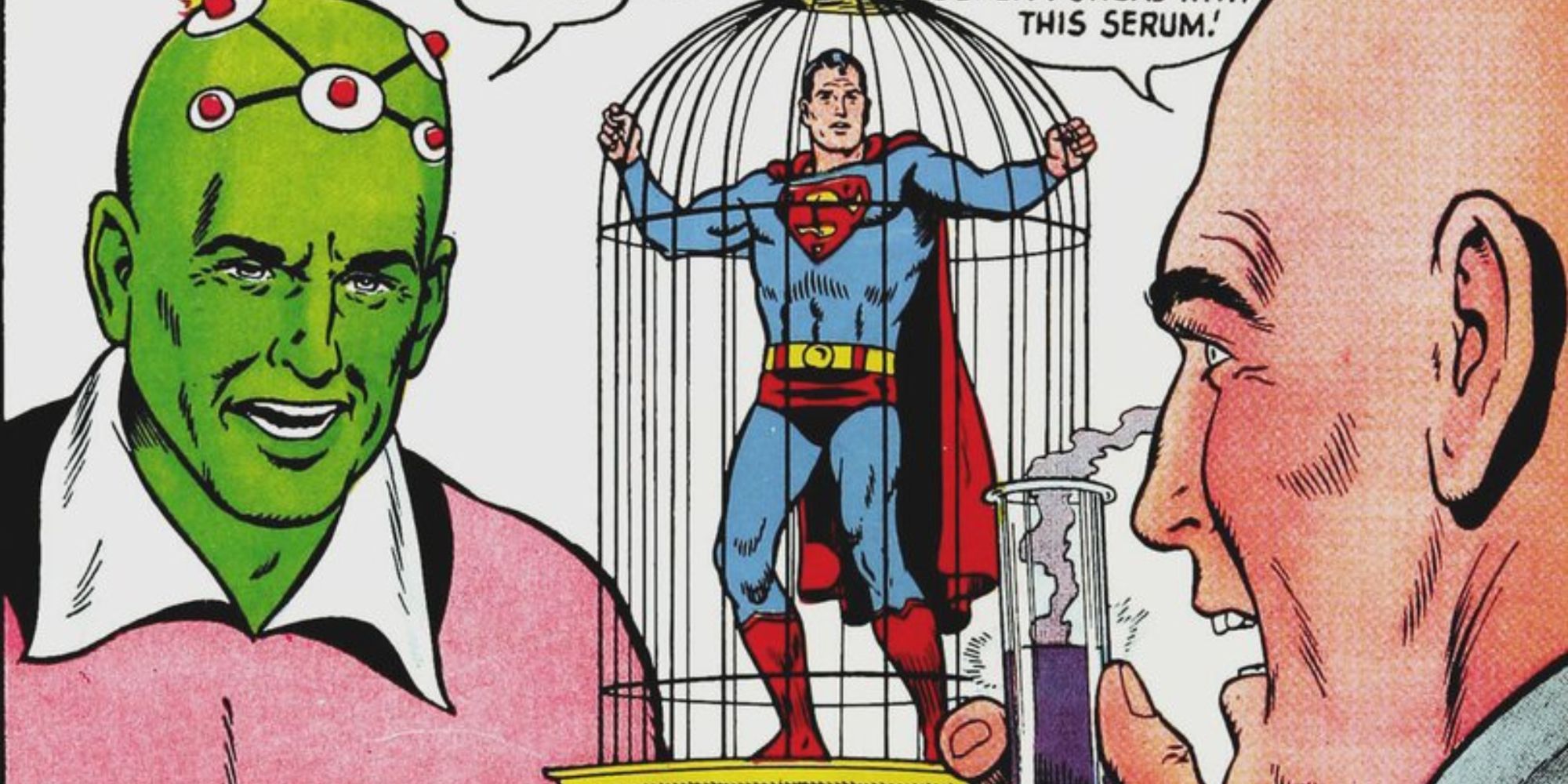 Lex Luthor and Brainiac talking while Superman is in a cage