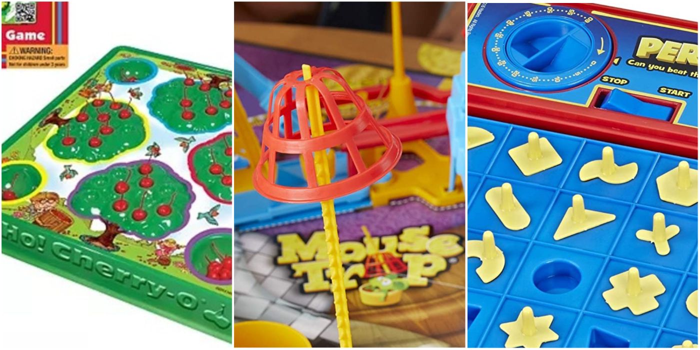 A collage of children's games Hi Ho! Cherry-O, Mouse Trap, and Perfection