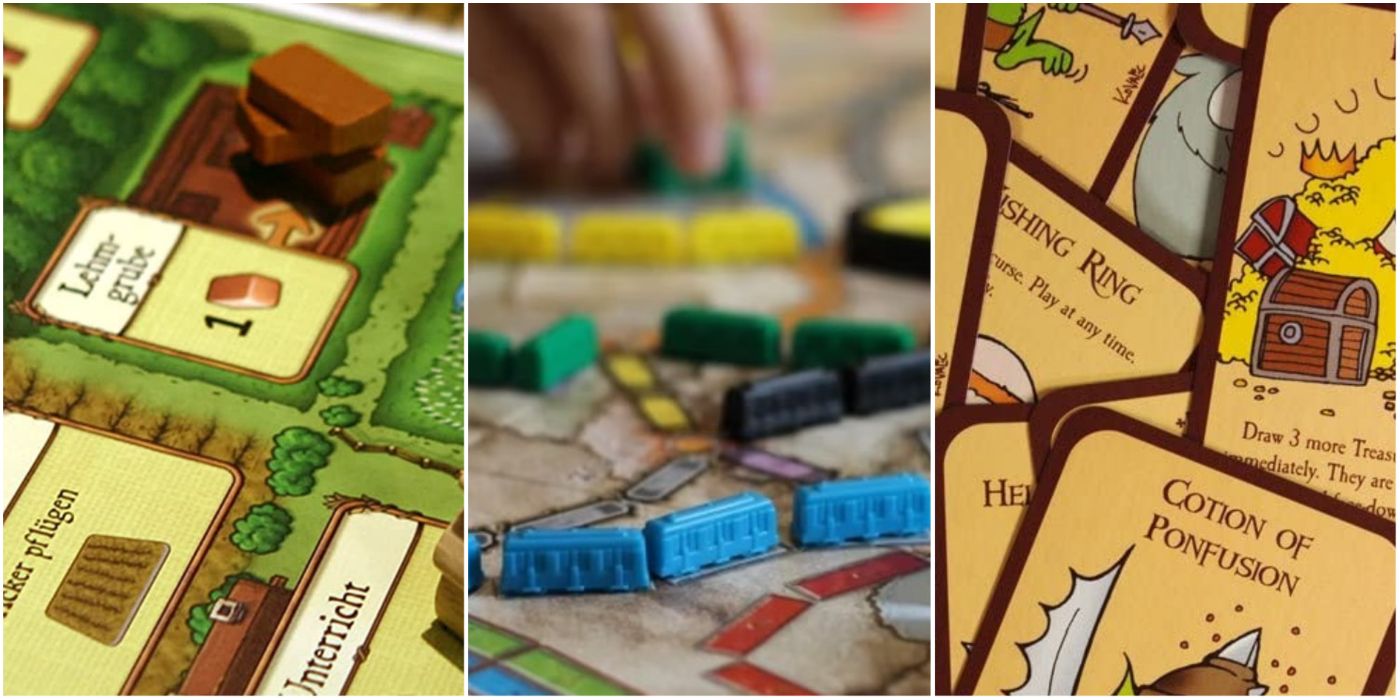 A collage of elements from the board games Agricola, Ticket to Ride, and Munchkin