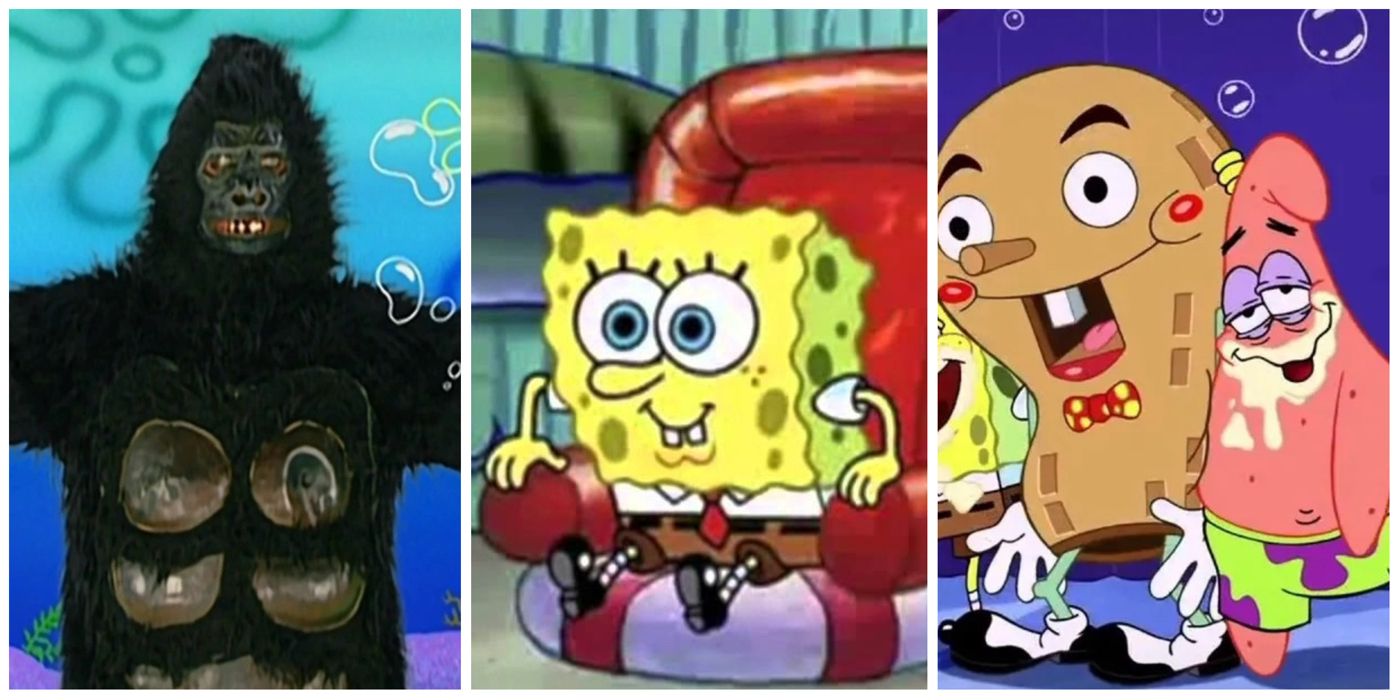 SpongeBob, the angry gorilla, and Patrick in various stills from SpongeBob SquarePants episodes