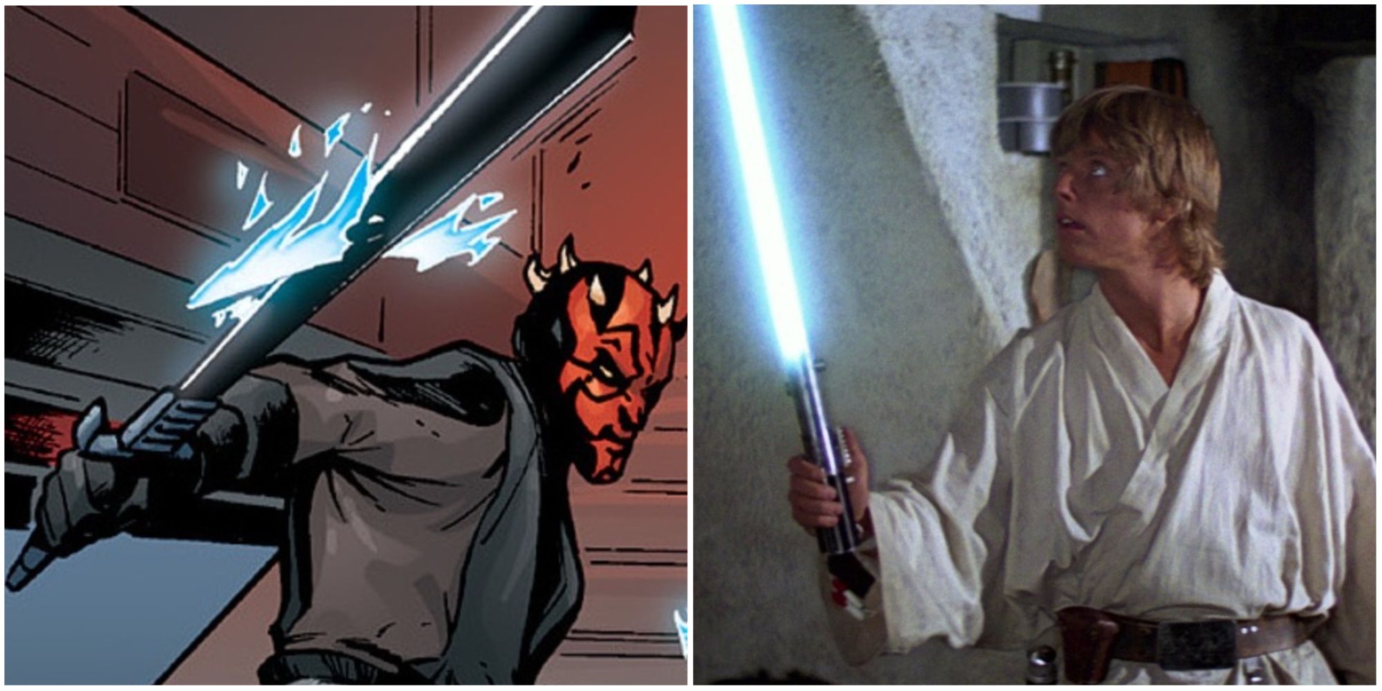 Darth Maul and Luke Skywalker wielding lightsabers in Star Wars franchise