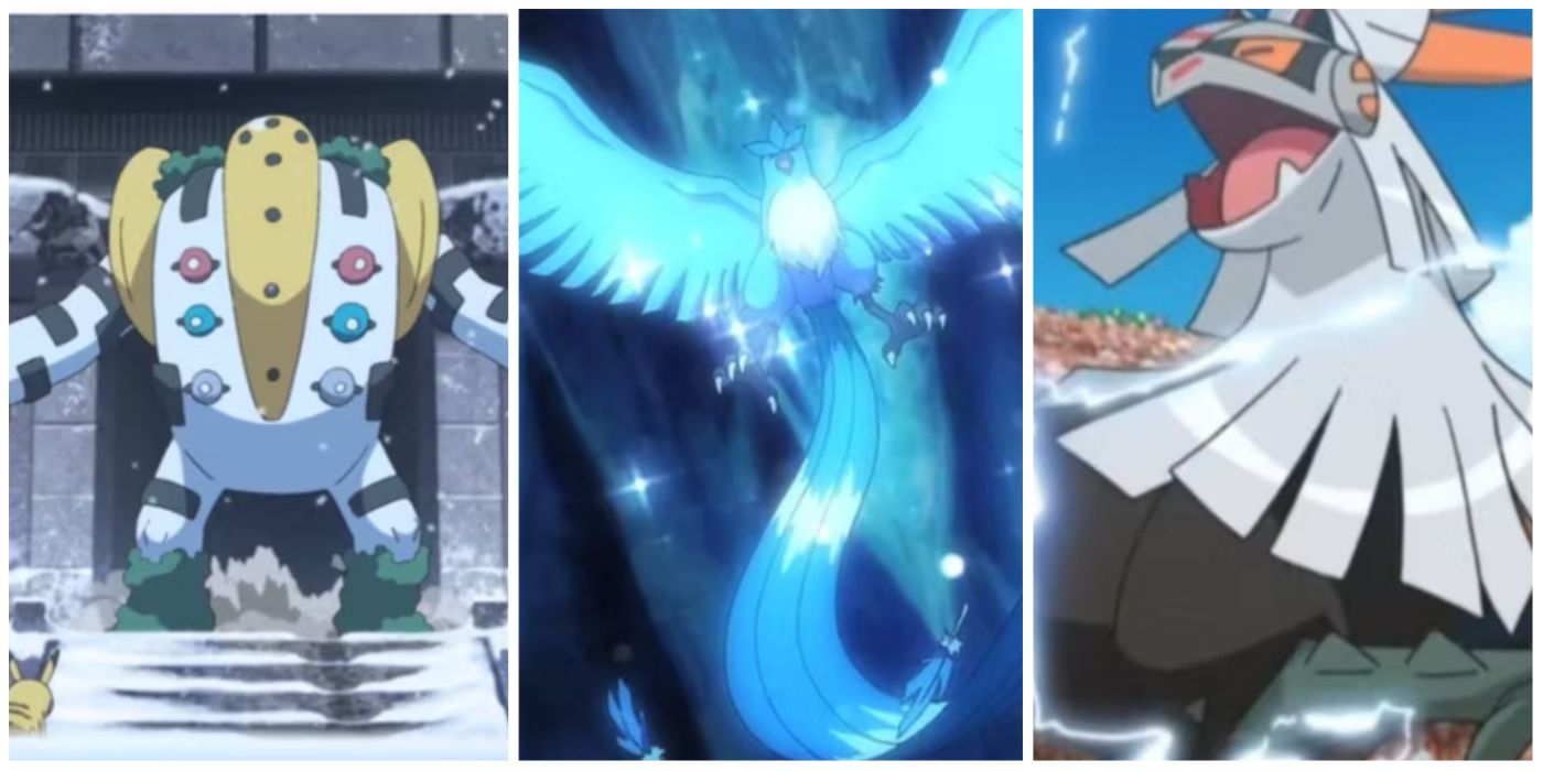 A split image of three Pokémon: Regigigas, Articuno, and Silvally
