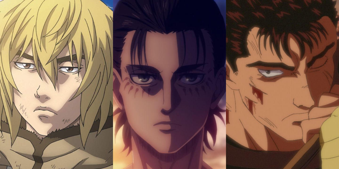 Thorfinn, Eren Jeager, and Guts from Vinland Saga, Attack on Titan, and Berserk, respectively