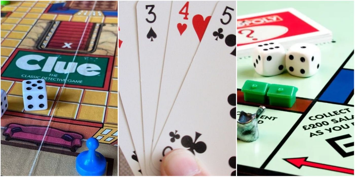 A collage of Clue, playing cards, and Monopoly