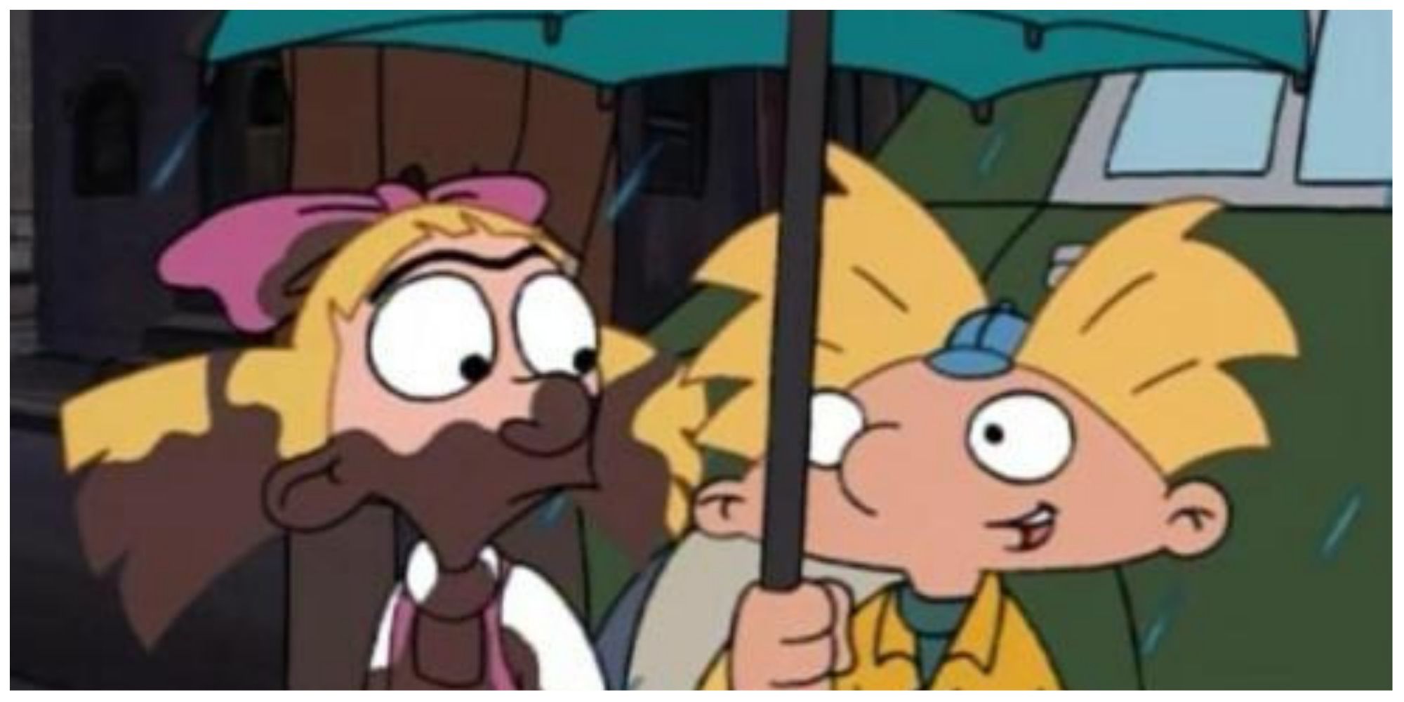 Arnold and Helga from Hey Arnold standing in the rain