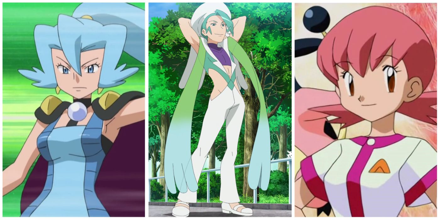 A split image of three pokémon gym leaders: Clair, Wallace, and Whitney