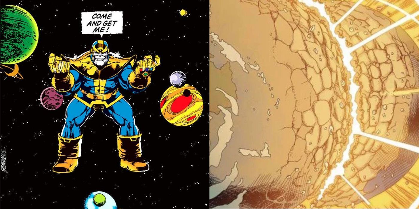 A split image of Thanos with the Infinity Gauntlet and The Incursions