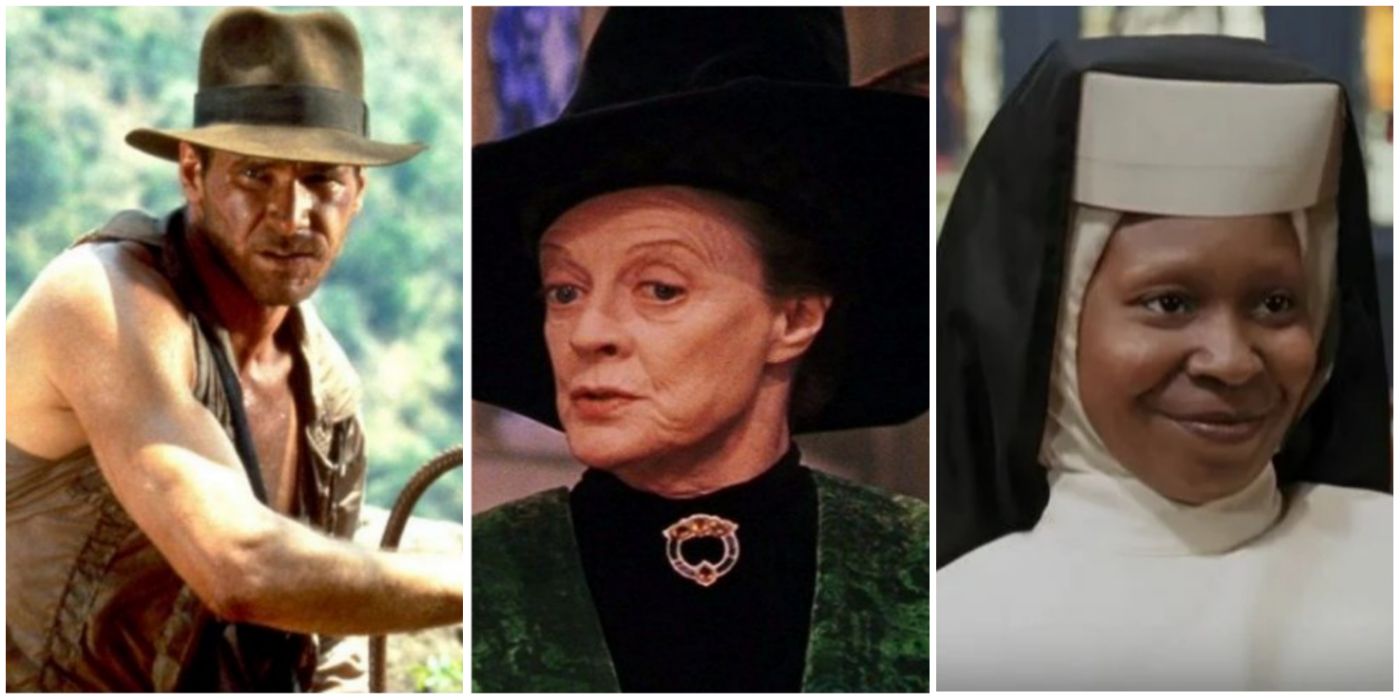Split-image: Indiana Jones, Minerva McGonagall (Harry Potter), Deloris Van Cartier (Sister Act)