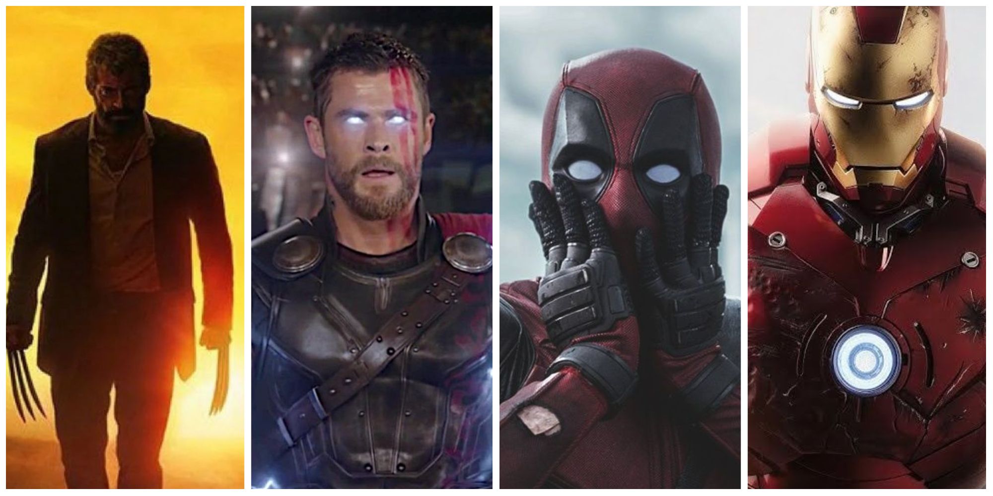 A four way split image showing Wolverine, Thor, Deadpool, and Iron Man