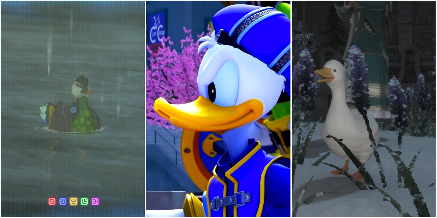 Collage of duck from Breath of the Wild, Donald Duck from Kingdom Hearts 3, Ugly Duckling from FFXIV