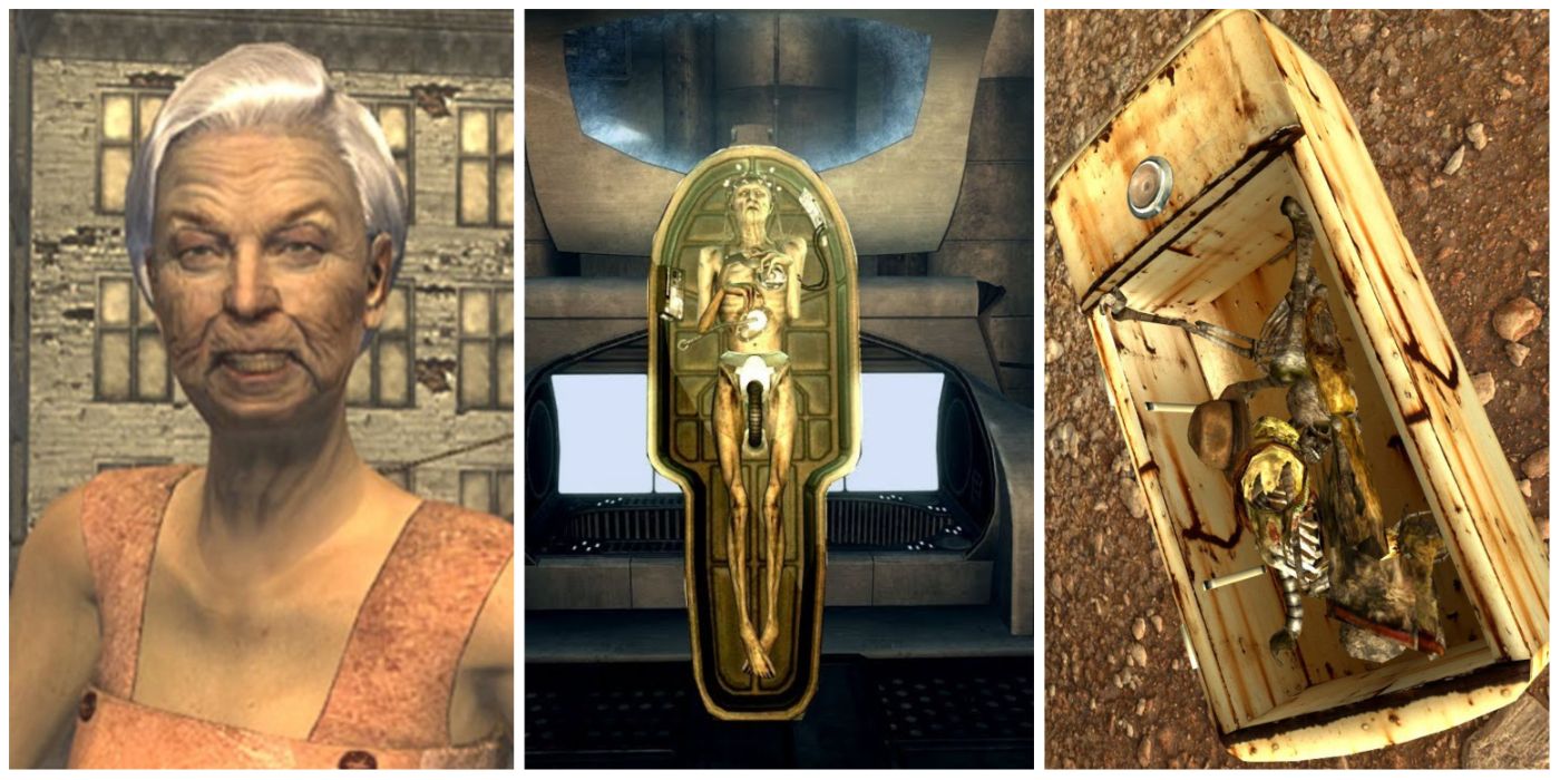 A split image of three screenshots from Fallout: new vegas. Malefic Maud, Mr. House outside his pod, and Indiana Jones's skeleton inside a fridge