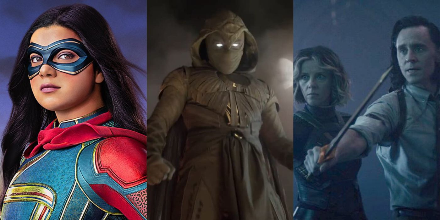 Split image of Ms. Marvel, Moon Knight, Loki and Sylvie from Disney+ shows.