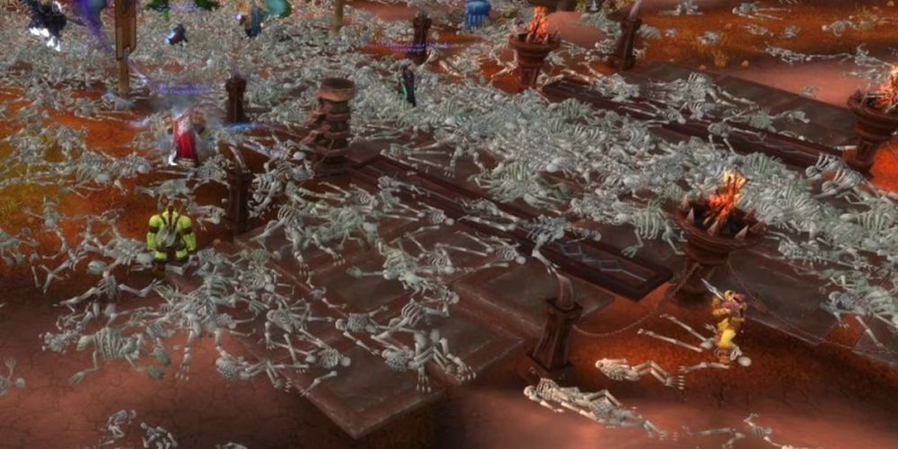 The ground littered with corpses during the Corrupted Blood incident in World of Warcraft