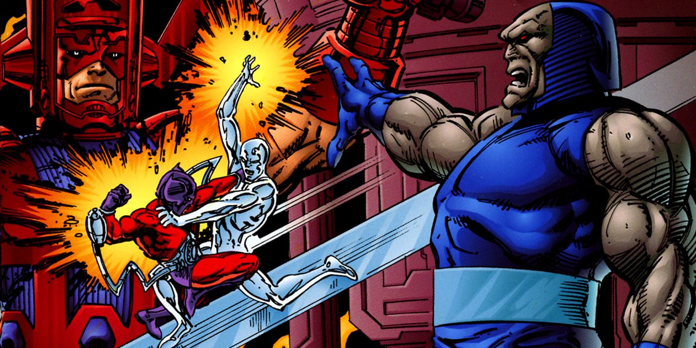Galactus and Darkseid watch Silver Surfer and Orion battle each other during the Marvel/DC crossover, Galactus vs. Darkseid: The Hunger.