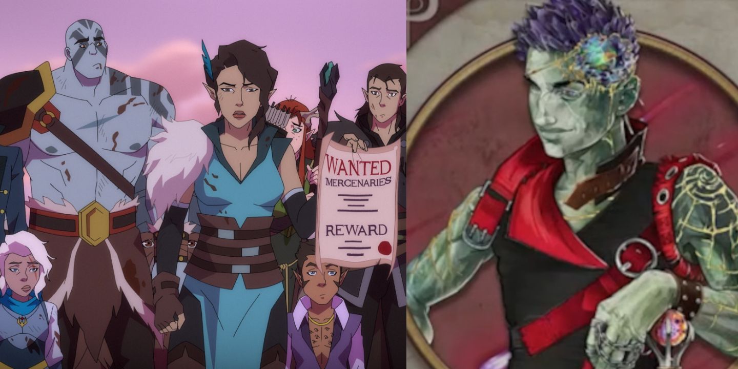 Vox Machina taking job (left); Ashton Greymoor stat page (right)