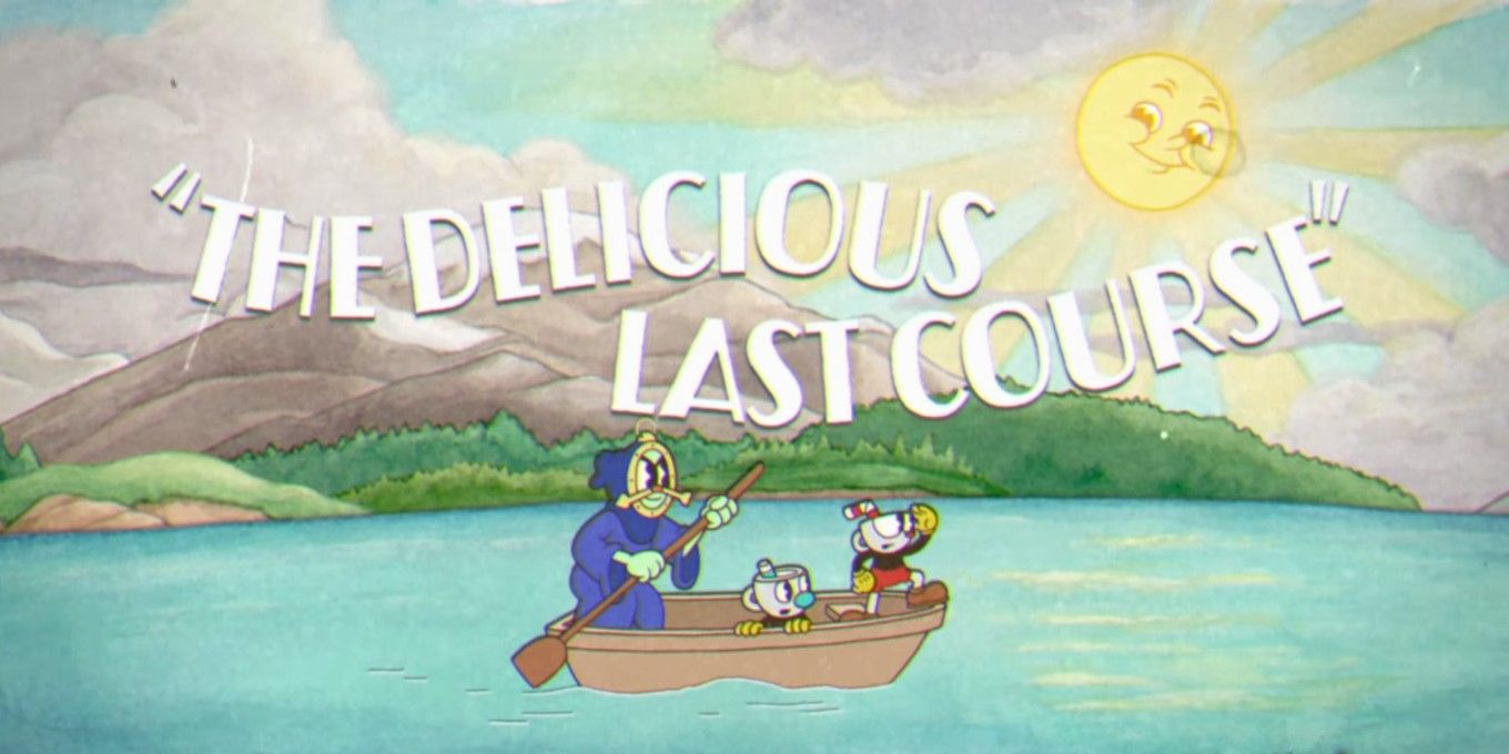 Captura de pantalla de Ferryman, Cuphead y Mugman cruzando un río, como se ve en Cuphead The Last Delicious Course DLC.