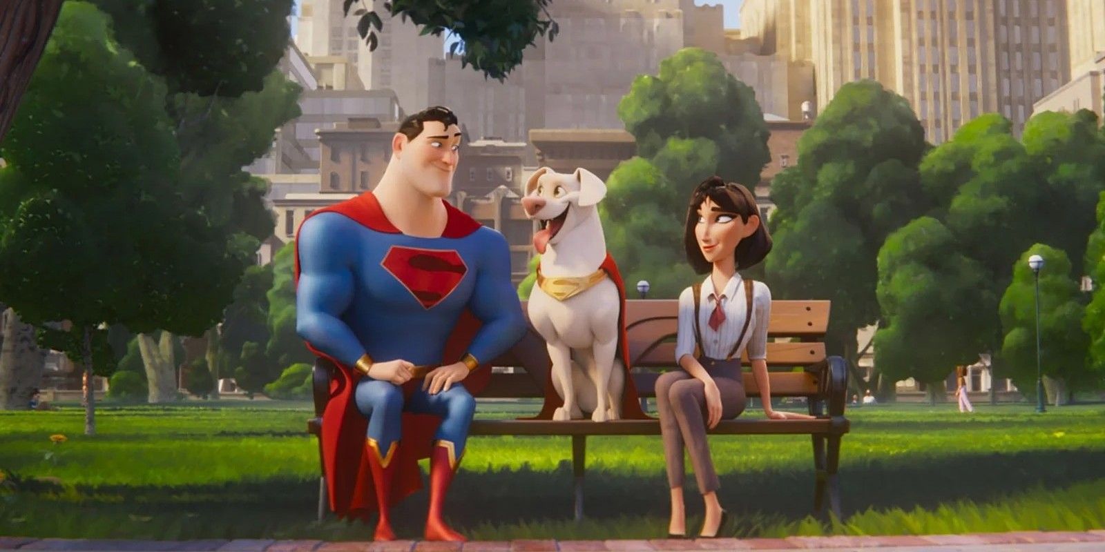 Superman, Krypto and Lois Lane sitting on a park bench in DC League of Super-Pets