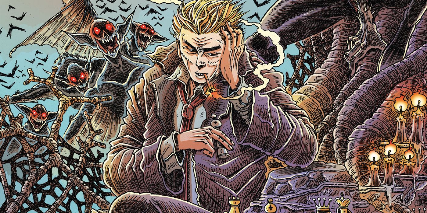 John Constantine smoking with vampires behind him in DC Comics.