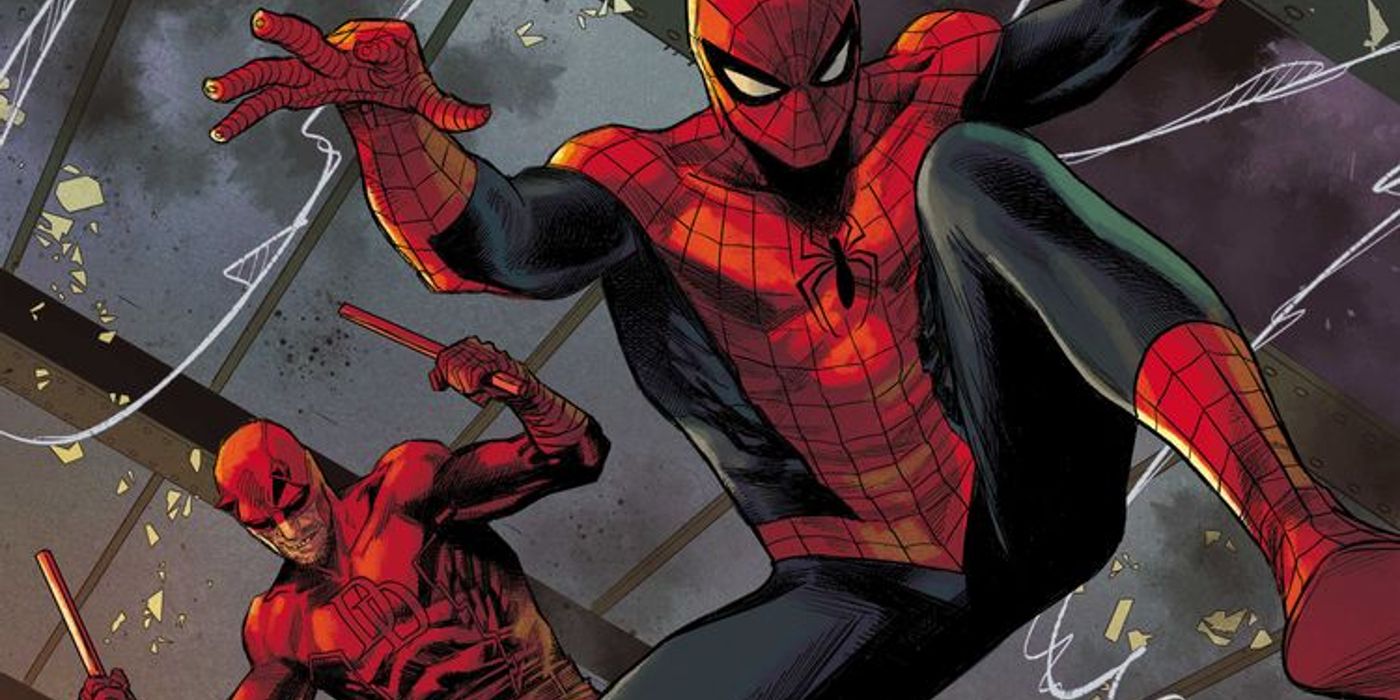 Daredevil and Spider-Man swinging alongside each other in Marvel Comics