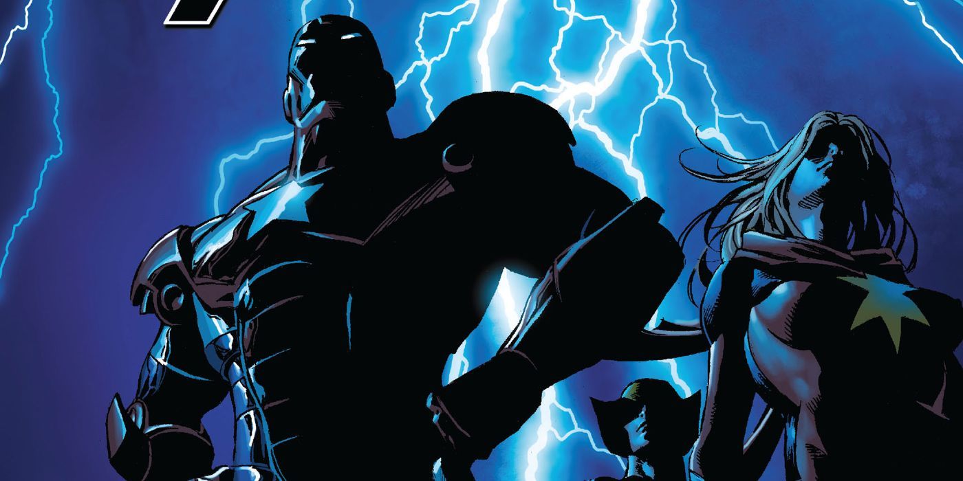 Iron Patriot and the Dark Avengers framed with lightning in Marvel Comics