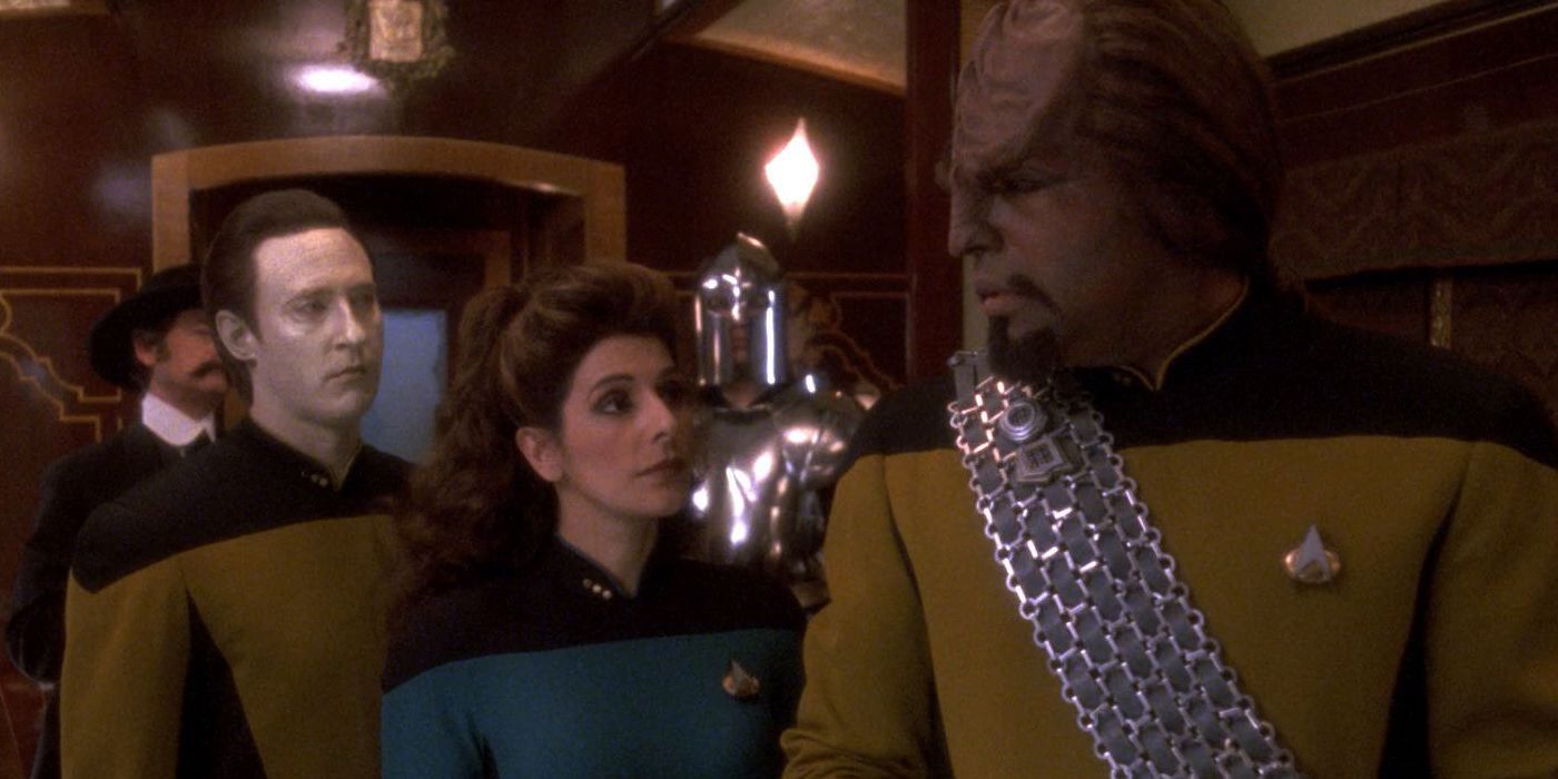 Data, Troi and Worf on the holodeck in Emergence