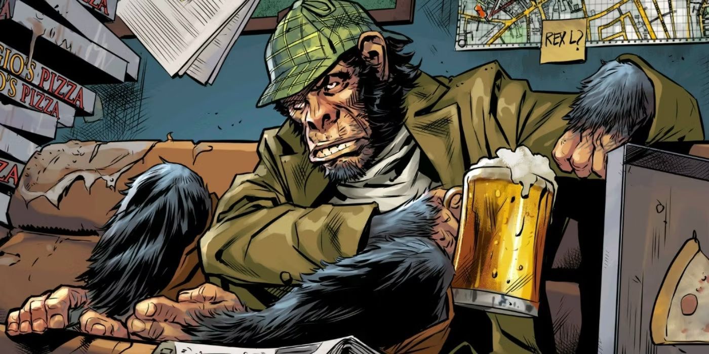Detective Chimp on a couch, sneering, with a beer in DC Comics