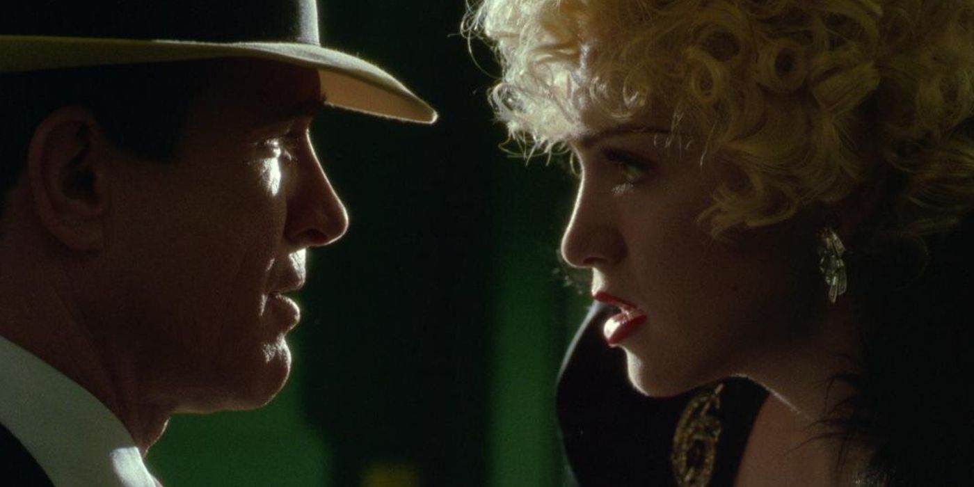 Warren Beatty as Dick Tracy and Madonna as Breathless Mahoney in a pivotal scene from the 1990 Dick Tracy film, Desperately Seeking Susan.