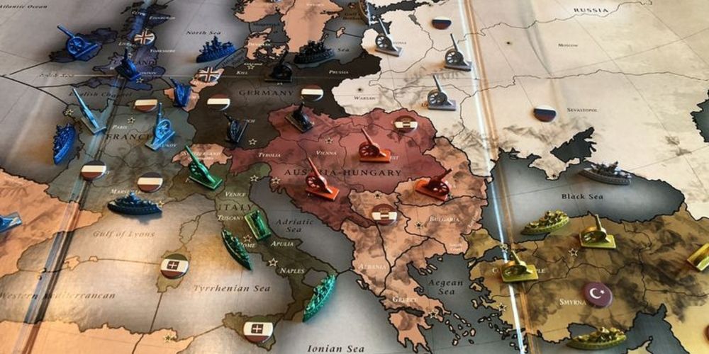 An overview of a game of Diplomacy in mid-swing.