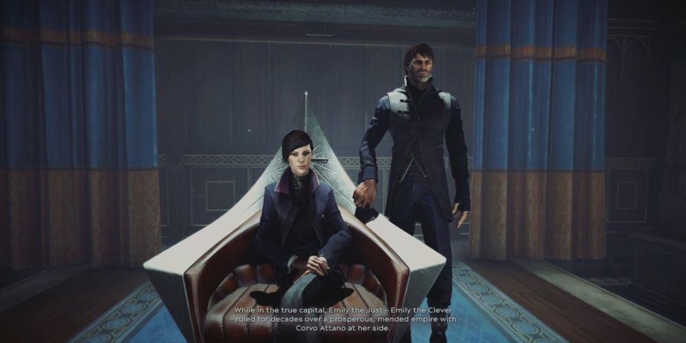 Emily ruling as a just and benevolent Empress in Dishonored 2 Low Chaos ending