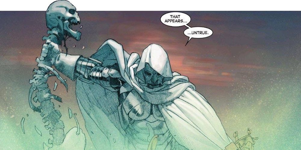 Doctor Doom clutching a hero's skeletal remains in Marvel Comics