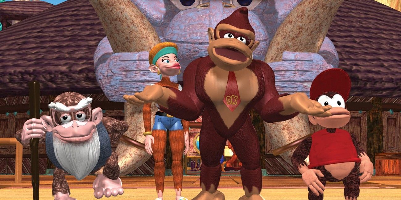 Cranky Kong, Candy Kong, Donkey Kong, and Diddy Kong as they appear in the cartoon