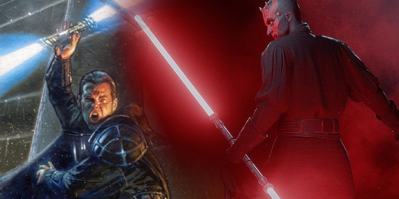 A Jedi from the Star Wars comics wielding a double-bladed lightsaber and Darth Maul with his lightsaber out
