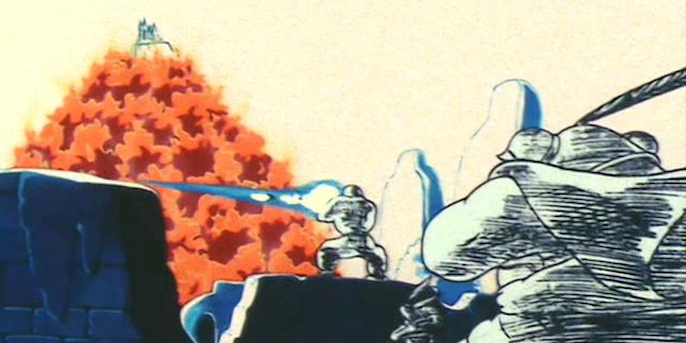 Master Roshi's MAX power Kamehameha destroys Fire Mountain in Dragon Ball.