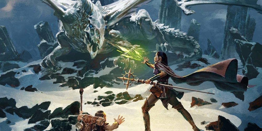 A pair of adventurers facing off against a dragon in DnD