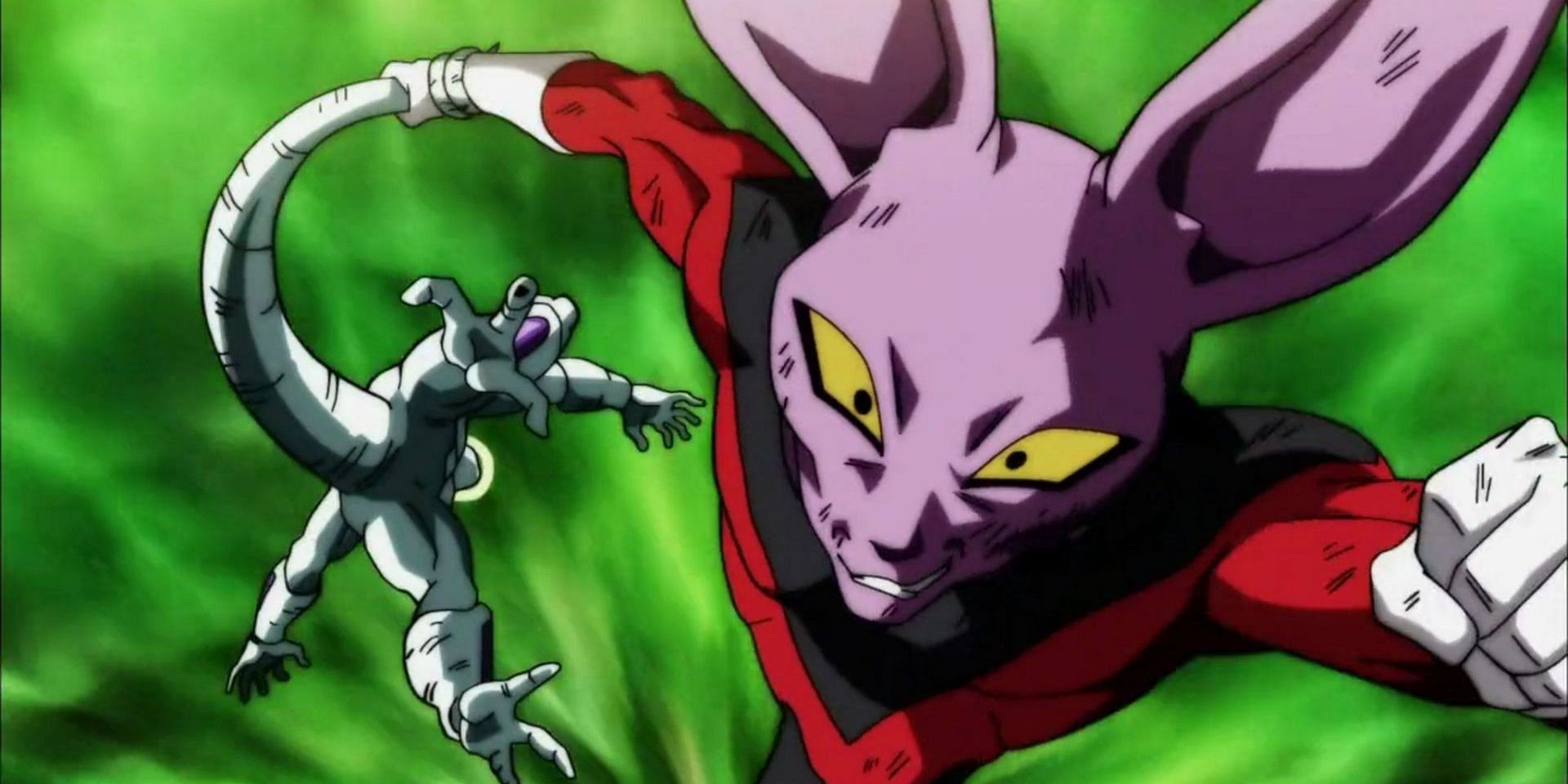 Dyspo dragging Frieza by his tail in Dragon Ball Super