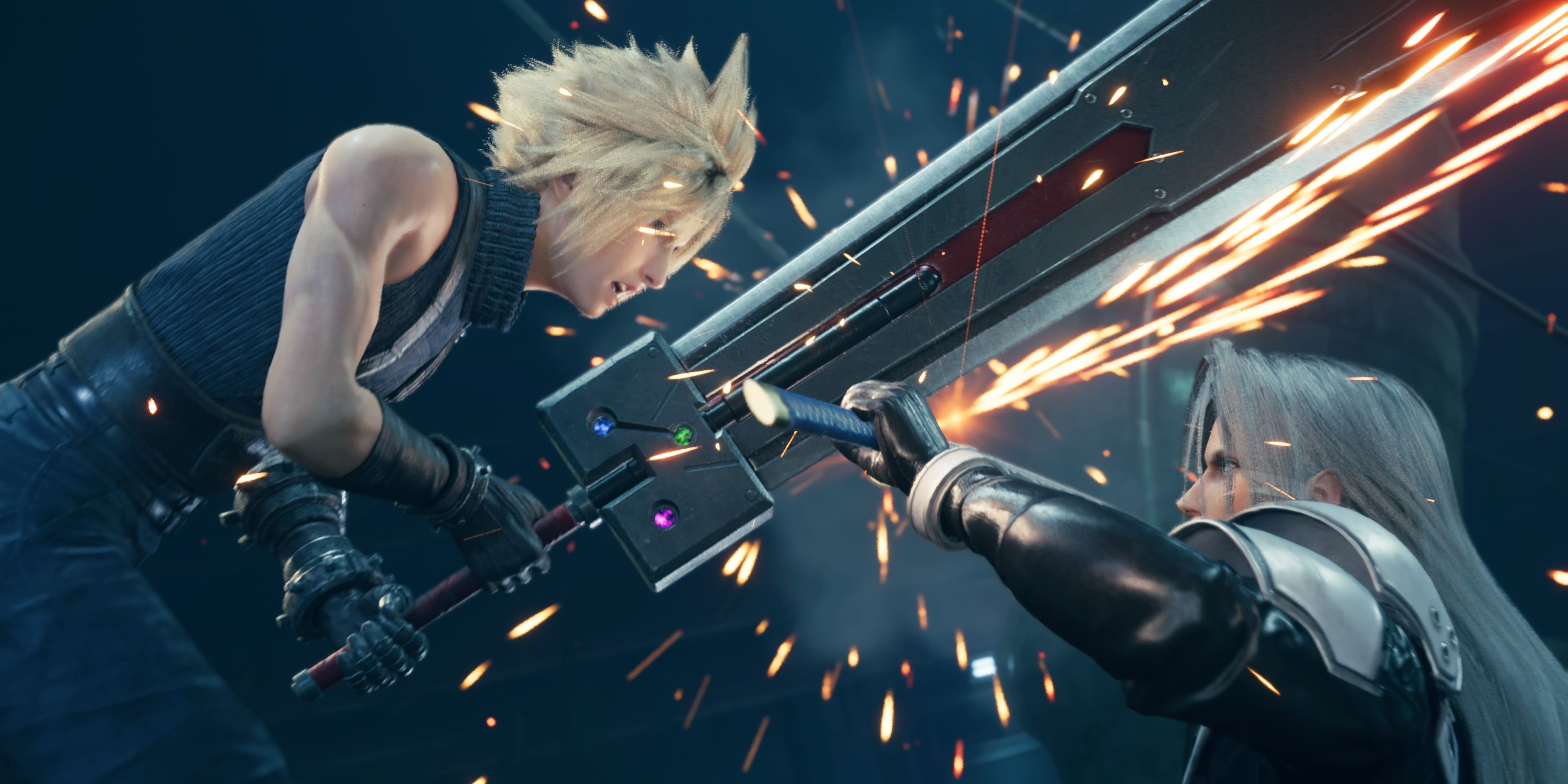 Cloud and Sephiroth from Final Fantasy VII 7 Remake Rebirth fight with swords.