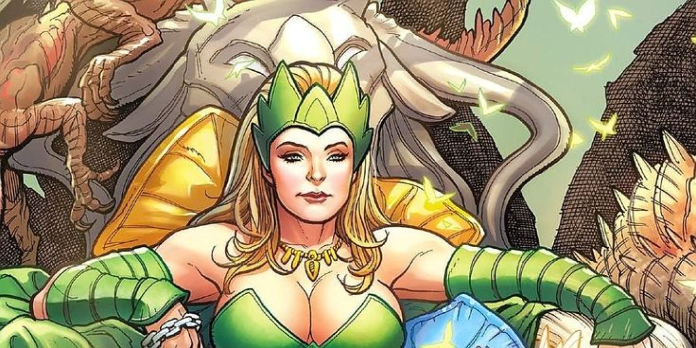 Classic Thor villain the Enchantress from Marvel Comics wearing green and lounging.
