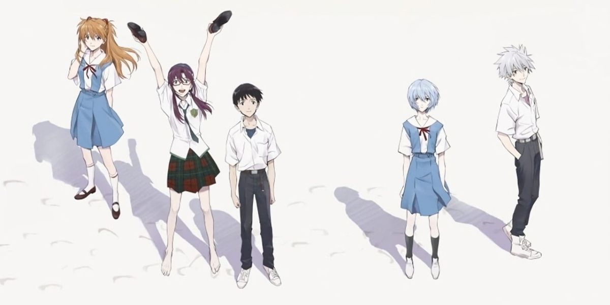Asuka, Mari, Shinji, Rei, and Nagisa are standing on a beach (Neon Genesis Evangelion)