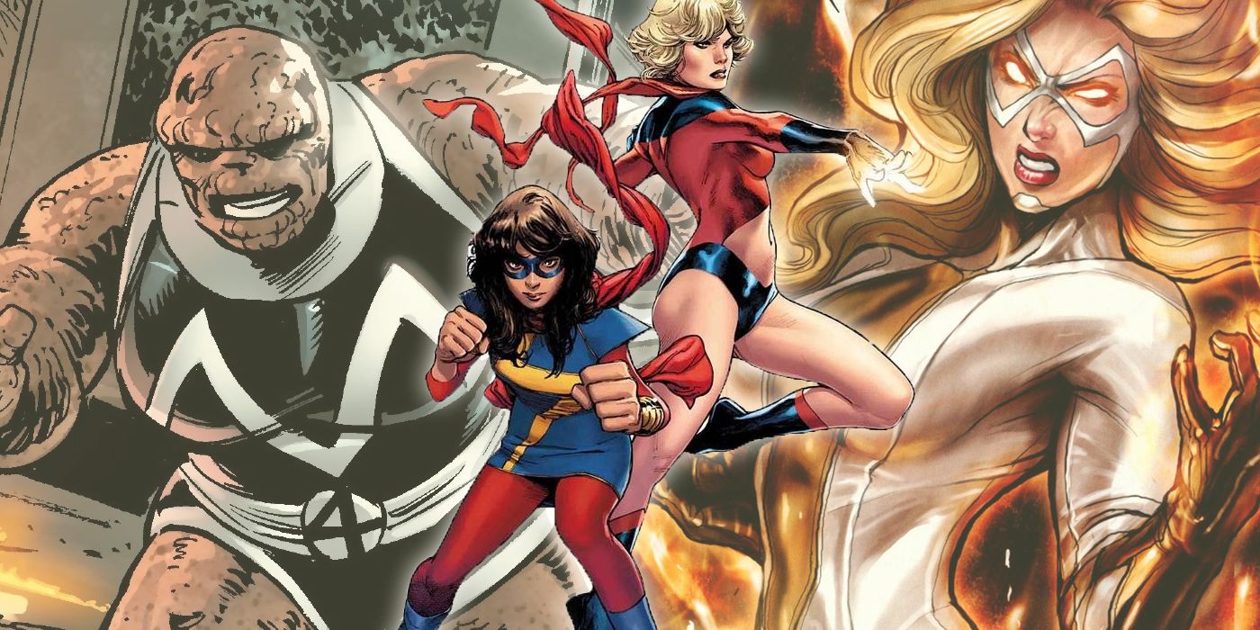 Kamala Khan and Carol Danvers as Ms. Marvel with She-Thing and Moonstone split iamge