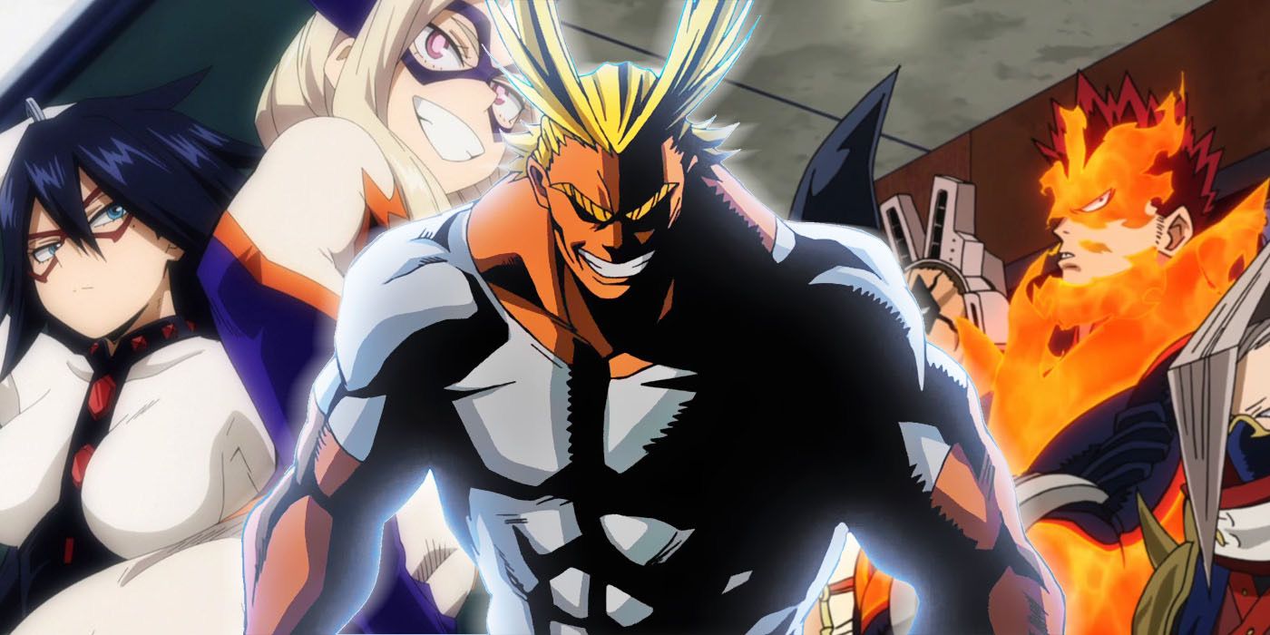 A collage of Pro-Heroes in My Hero Academia including Midnight, Mt. Lady, All Might and Endeavor 