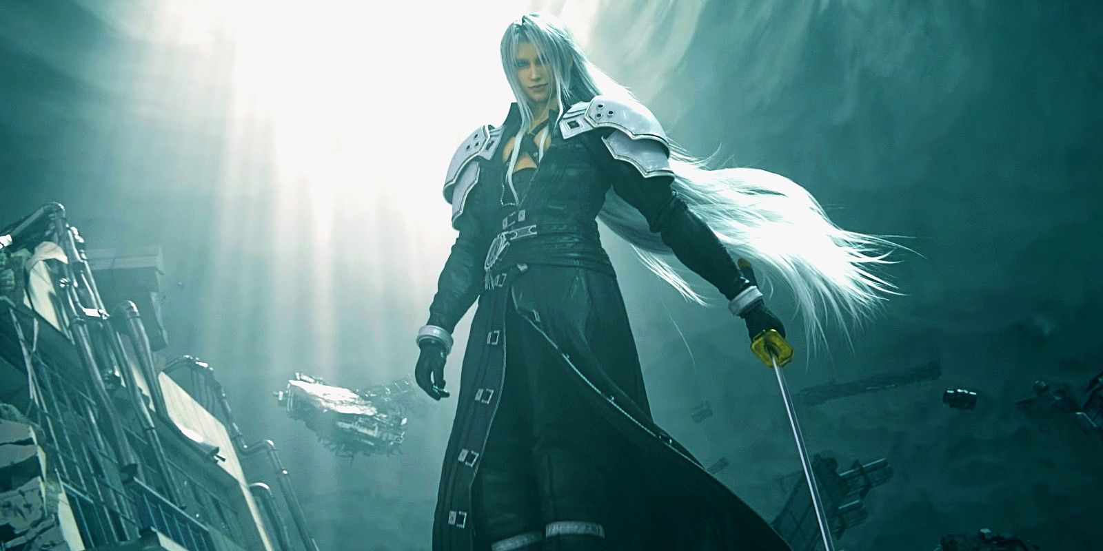 Captura de tela mostrando Sephiroth com uma arma em Final Fantasy VII: Advent Children.