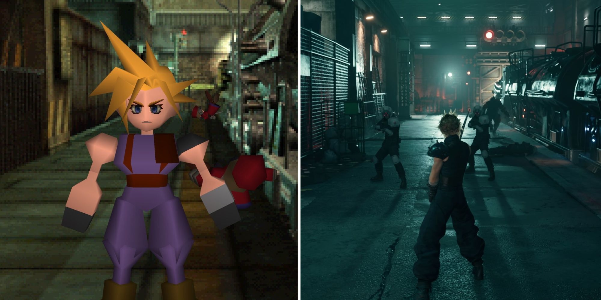 Cloud at the train station in Final Fantasy VII and Final Fantasy VII Remake