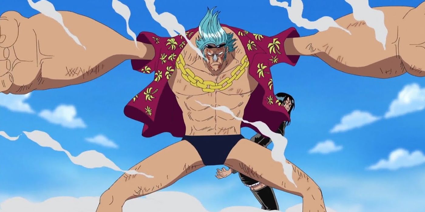 Franky protecting Robin from an attack in One Piece.