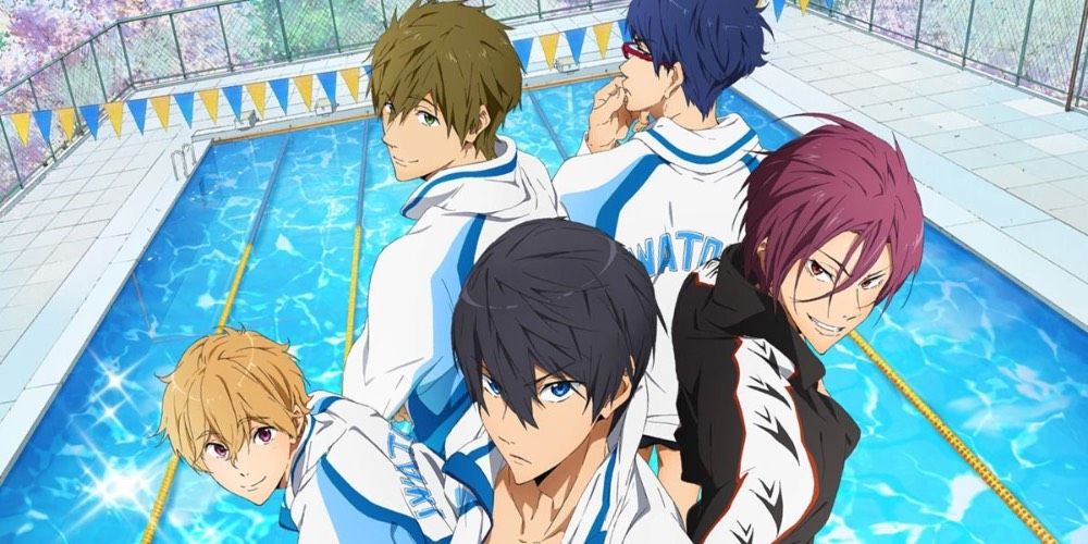 Free! anime cast standing in front of a swimming pool.