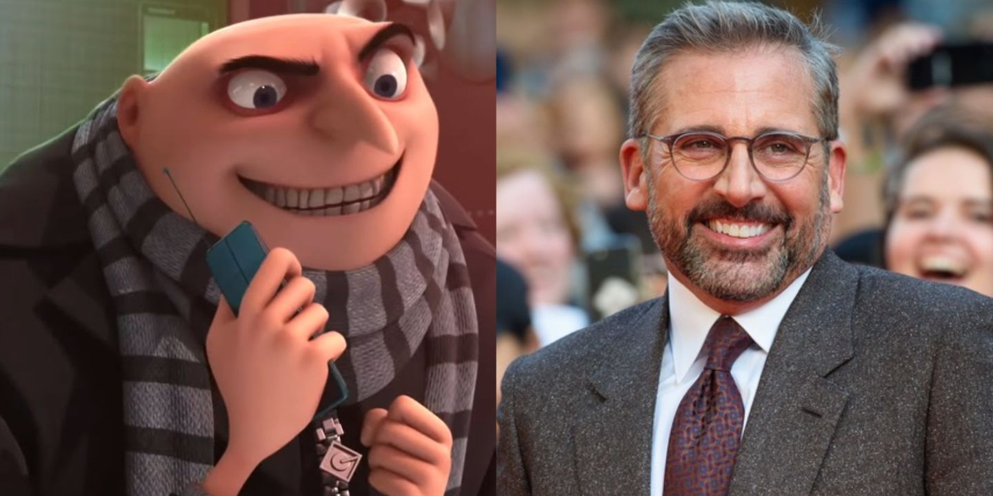 Split image of Gru in Despicable Me and Steve Carell laughing. 